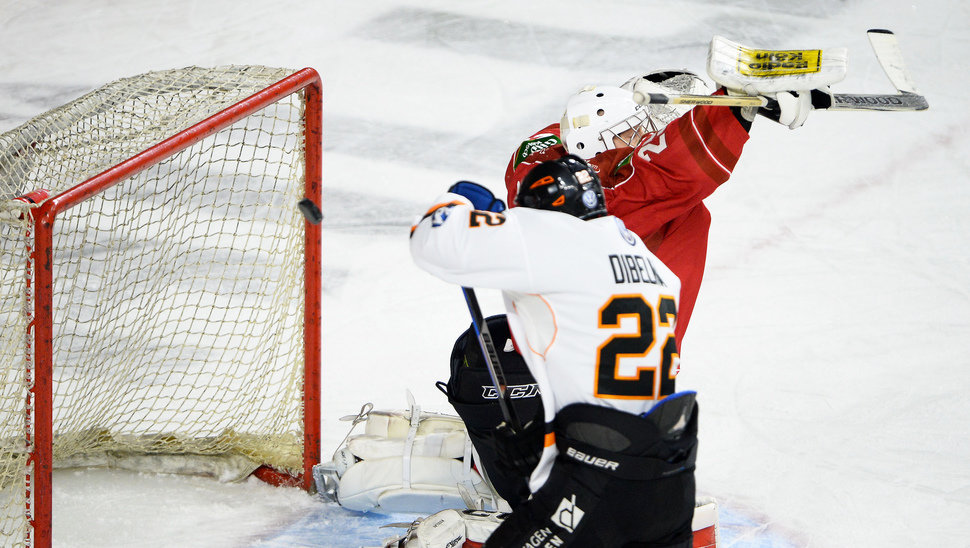 Mehr als nur einmal soll die Scheibe am Freitag ins Tor von Haie-Goalie Gustav Wesslau. Bild: Citypress24.